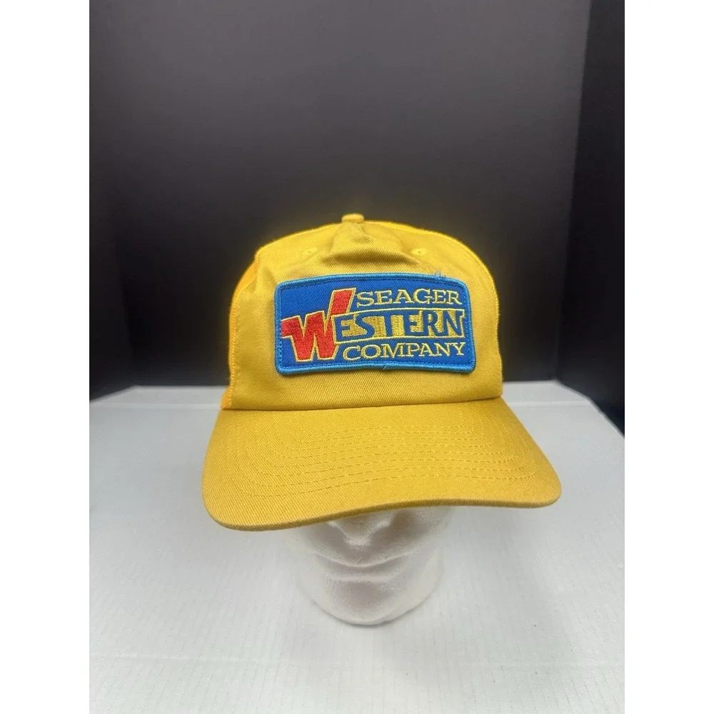 Seager Co Western Wear Trucker Hat Yellow Mesh Snapback Cap Patch High Crown